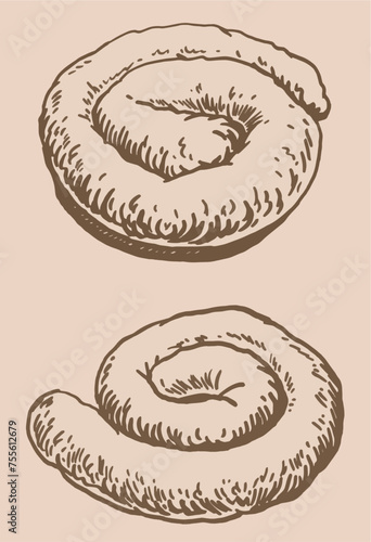 Vector sausages on sepia  background, butchery products.	