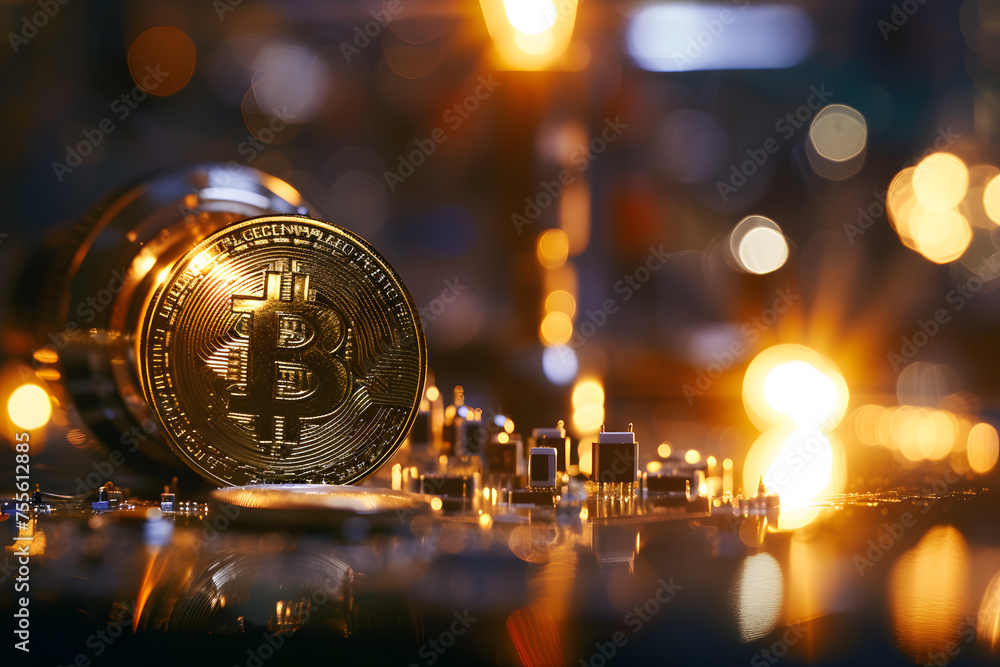 Golden bitcoin on the background of a blurred bokeh of light,Gleaming Bitcoin Amidst Golden Bokeh Lights Golden bitcoin on the background of a blurred bokeh of light,Gleaming Bitcoin Amidst Golden Bokeh Lights
