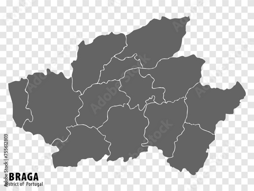 Map Braga District on transparent background. Porto Braga map with municipalities in gray for your web site design, logo, app, UI. Portugal. EPS10.