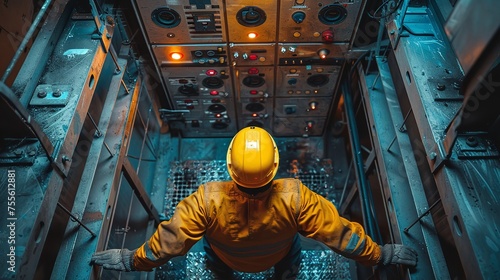 Aerial photograph of a lift mechanic fixing an elevator within a lift shaft against blue light in the backdrop with space for text, Generative AI.