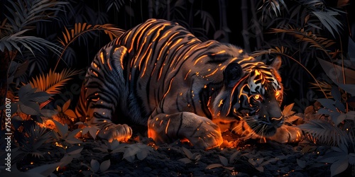 Fire Tiger Stalking through Glowing Jungle at Night © Wuttichai