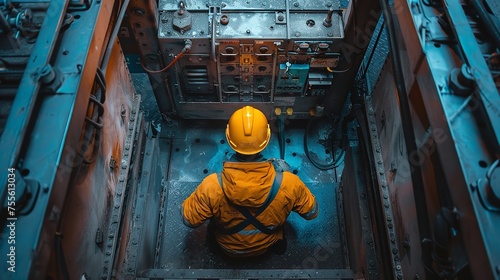 Aerial photograph of a lift mechanic fixing an elevator within a lift shaft against blue light in the backdrop with space for text, Generative AI. photo