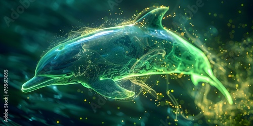 Glowing Translucent Dolphin in Neon Green Light Against Dark Background