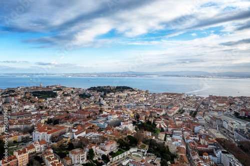 Aerial view of Lisbon, Portugal on the Tagus River on a cloudy winter day