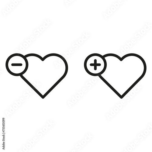 Heart add subtract symbol. Love emotion balance. Positive negative sentiment. Vector illustration. EPS 10.