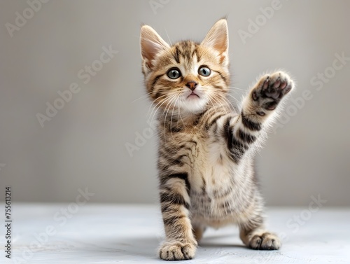 A kitten is standing on a table and playing with its paw