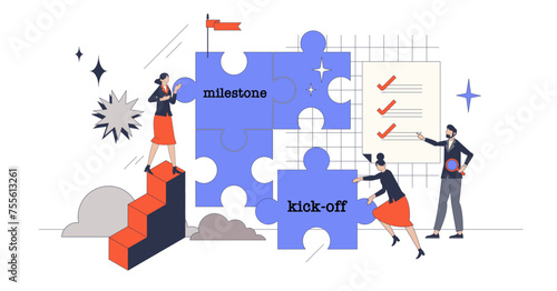 Project planning with effective workflow management retro tiny person concept, transparent background. Check task progress with milestones and kick off stages.