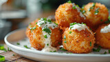 Traditional jalapeno Poppers with cream cheese filling on a breaded plate with cool ranch sauce. Image for cafe menu, Banner
