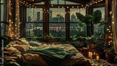 Cozy Urban Bedroom with Panoramic City View  String Lights and Bohemian Decor.