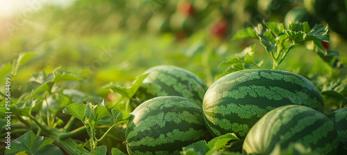 Ripe large watermelons on a watermelon field, background blurred. photo