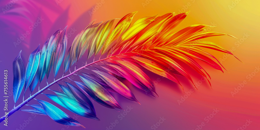 A palm leaf transformed by a gradient of bold, iridescent colors A palm leaf transformed by a gradient of bold, iridescent colors