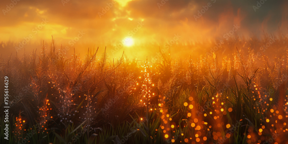 Sunrise illuminating a cornfield with dewdrops, casting a golden glow