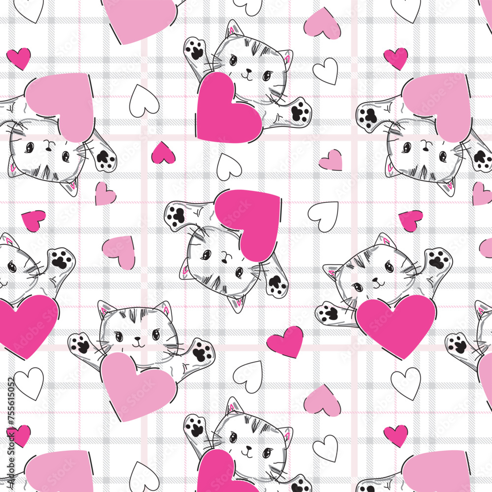 Obraz premium Cute cats pattern with hearts on plaid pattern