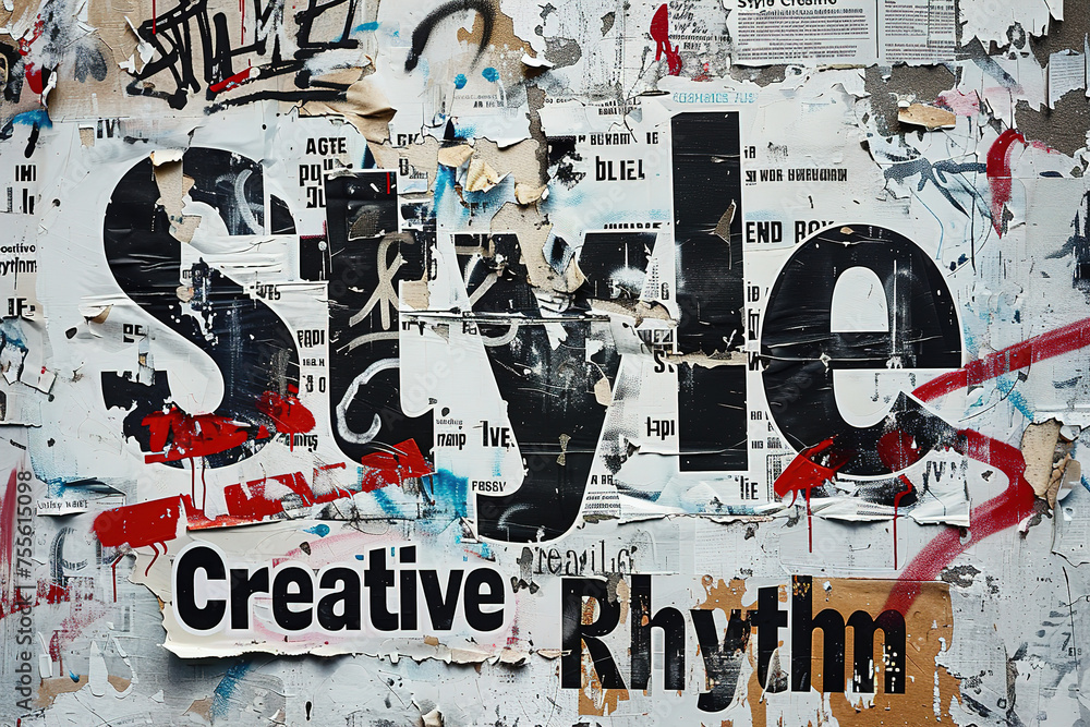 Obraz premium Collage on a white Background, with black typographic elements such as advertising inscriptions in the style of 