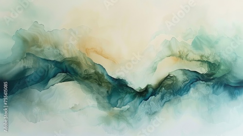 Dynamic Abstract Watercolor with Soft Green and Blue Tones.