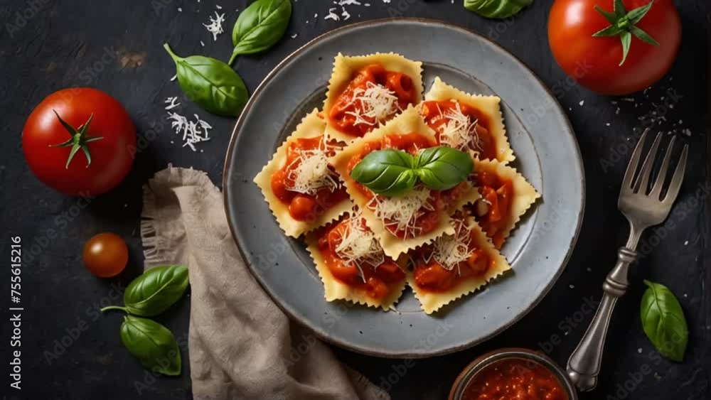 delicious ravioli with tomato sauce, basil, cheese in the kitchen delicious ravioli with tomato sauce, basil, cheese in the kitchen