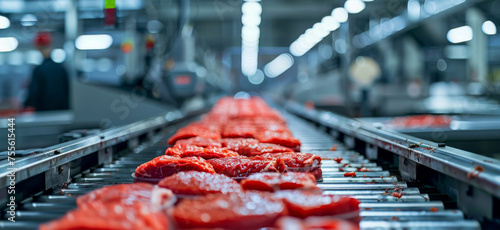 Conveyor belt carrying premium cuts of beef in a modern meat processing plant © smth.design