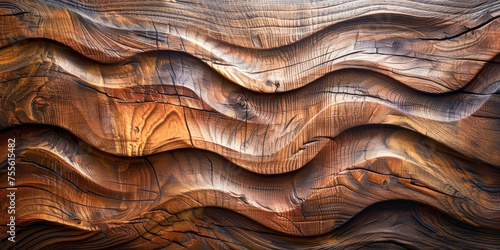 Close-up of a textured, brown, wavy wooden sculpture