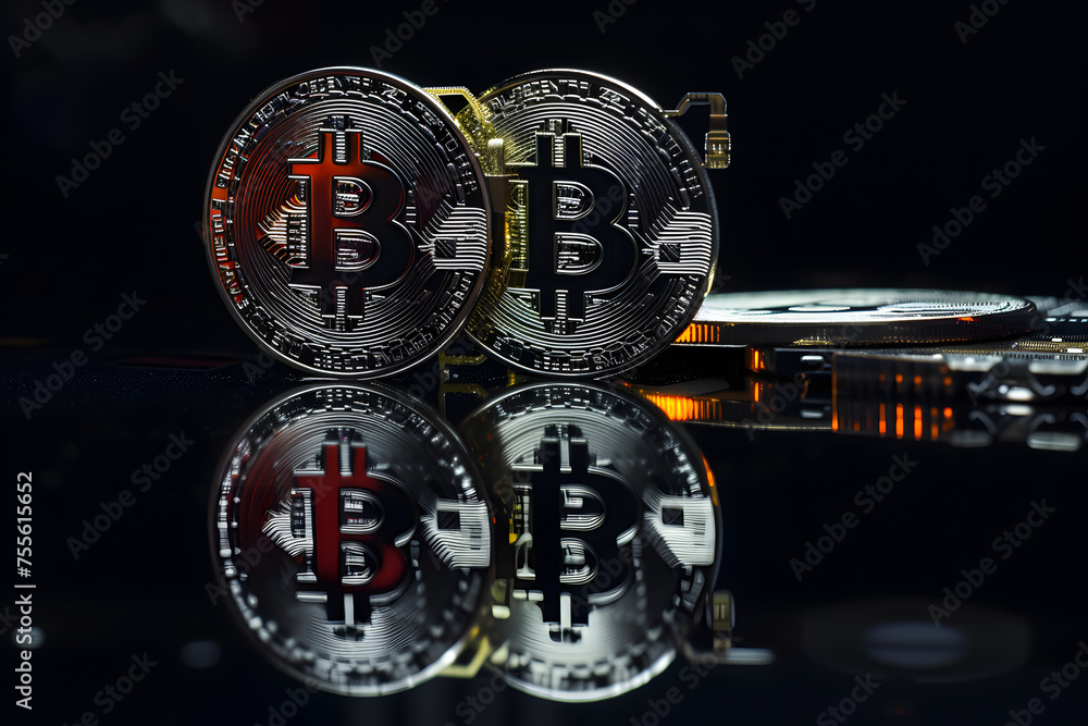 Bitcoin. Cryptocurrency. Physical bit coin. Digital currency. Cryptocurrency. Golden coin with bitcoin symbol on black background.Gleaming Bitcoin Coins: A Symbol of Digital Wealth