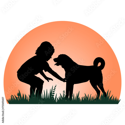 Children and pets silhouettes on yellew background. Little girl playing with dog. Vector illustration.	 photo