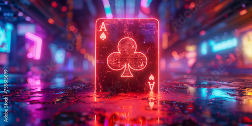 Artistic neon-lit ace of clubs card standing amidst a vibrant cityscape photo