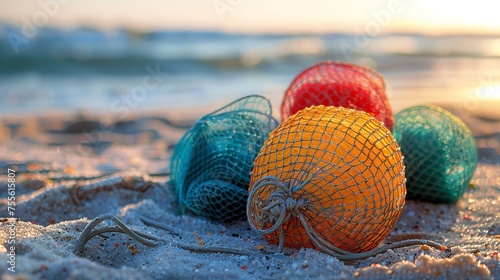 An up close look at a brightly colored fishnet ball on sand with the sun in the backdrop with space for text or product, Generative AI.