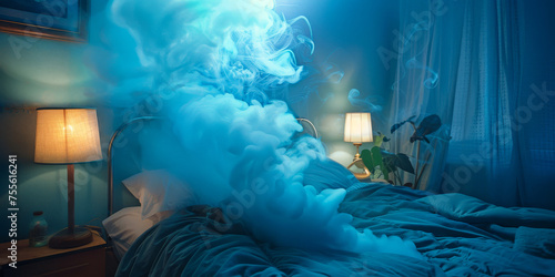 A bedroom enveloped in mystical fog and soft blue light, evoking a dreamlike atmosphere