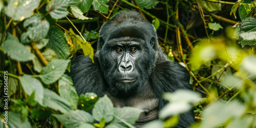 Intense gaze of a mountain gorilla amidst lush foliage © smth.design
