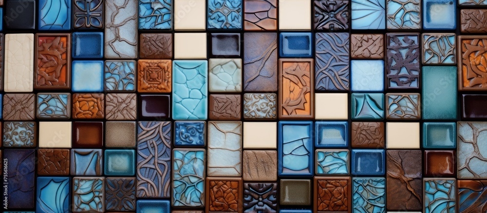 A detailed view of a mosaic tile wall featuring ceramic tiles in various colors, types, and shapes arranged in intricate patterns and designs.
