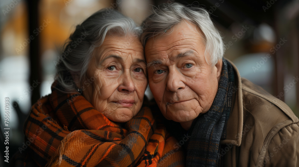 Elderly couple sharing a warm embrace outdoors Elderly couple sharing a warm embrace outdoors