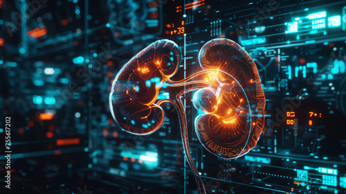 Dark 3d futuristic model of human kidneys, nephrology healthcare concept. Scientific researches and data. Generative AI