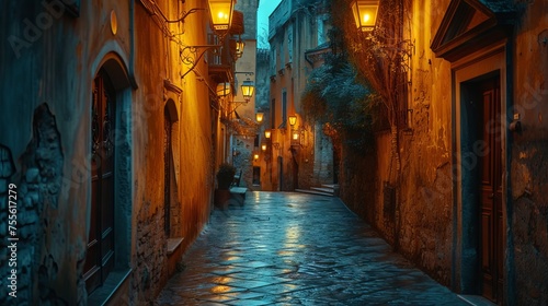 Evening lights cast a warm glow on the wet cobblestones of a narrow alley in a historic Italian town, flanked by old buildings photo
