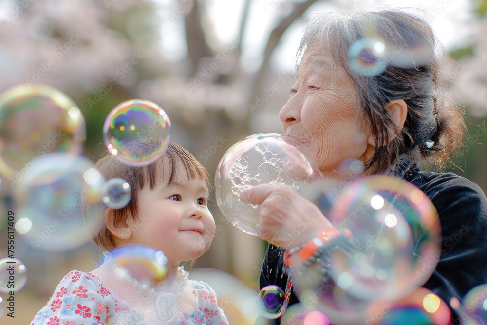 Grandma and grandchild happily played with bubbles in the park