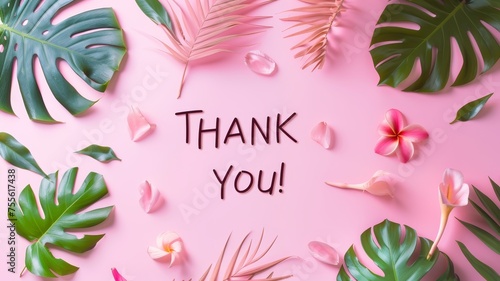 Thank you inscription on a pink wall with montera leaves photo