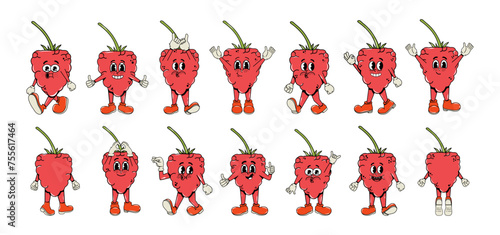 Set of raspberries in groovy style in different poses and with  expressions with arms and legs. Elements in y2k style. Vector illustration. Retro characters. Hippie 70s design. Psychedelic. Sticker  © Валерия Богданова