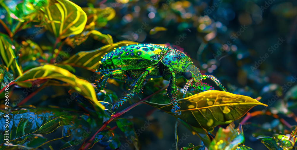 beetle's shell, transforming it into a kaleidoscope of vibrant greens and blues, showcasing nature's dazzling artistry photography