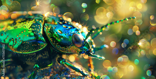 beetle s shell  transforming it into a kaleidoscope of vibrant greens and blues  showcasing nature s dazzling artistry photography