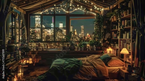Cozy Book Filled Bedroom with Night City View and Ambient String Lights.