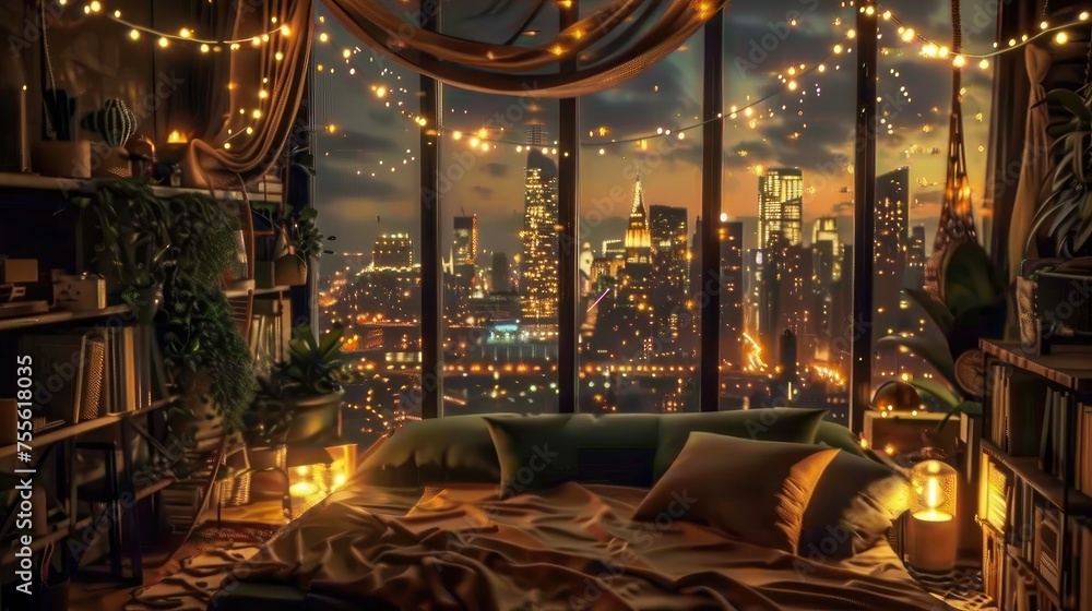 Cozy Bedroom with Nighttime City Skyline and String Lights.