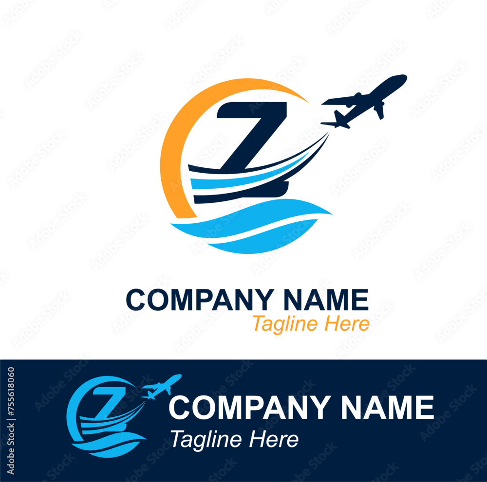 Letter Z with Wave and Flying Plane for Travel Agency Logo. Vector Design Logo for travel transportation label, tourism, flight company advertising Letter Z with Wave and Flying Plane for Travel Agency Logo. Vector Design Logo for travel transportation label, tourism, flight company advertising