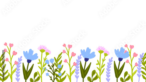 Garden spring blooming flowers, herb border. Abstract Horizontal banner. Vector childish style drawing