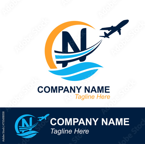 Letter N with Wave and Flying Plane for Travel Agency Logo. Vector Design Logo for travel transportation label, tourism, flight company advertising