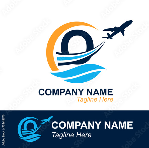 Letter O with Wave and Flying Plane for Travel Agency Logo. Vector Design Logo for travel transportation label, tourism, flight company advertising