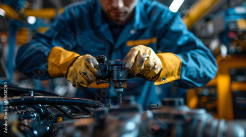 Close-up of a mechanic's hands using a tool to fine-tune the components of an engine, highlighting mechanical expertise.