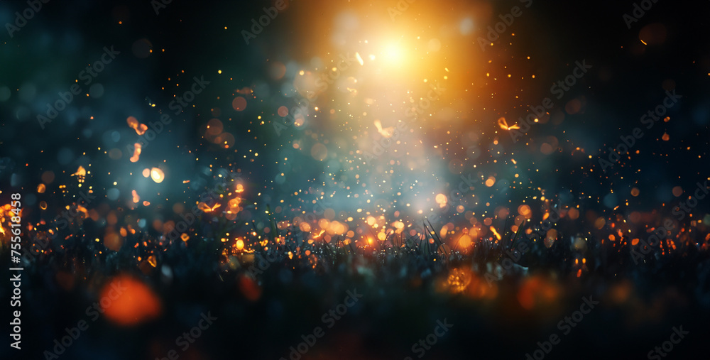sunset in the forest, Firefly Night Dance A symphony of flashing lights illuminates the night sky as fireflies blink in unison, creating a magical and mesmerizing spectacle  photography - obrazy, fototapety, plakaty 