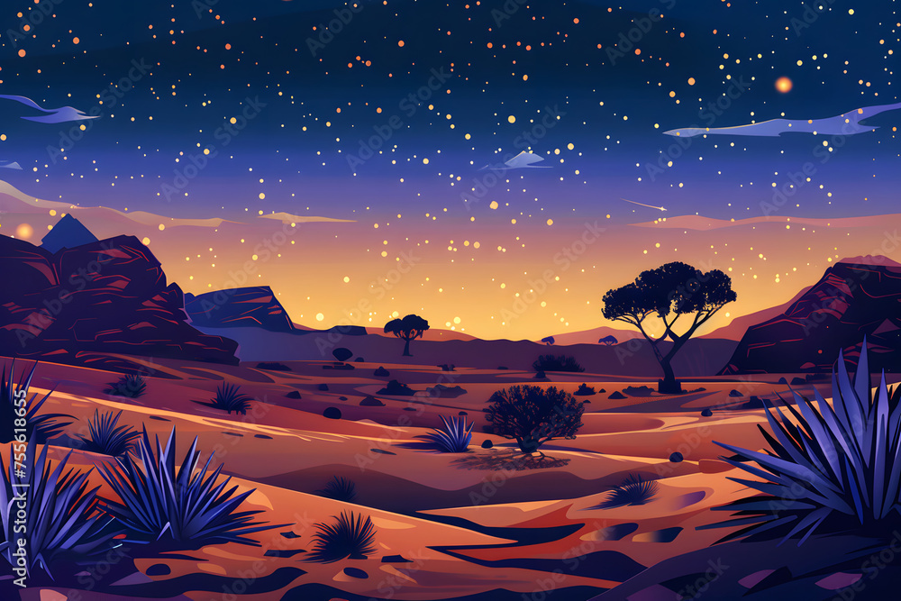 Magische Wüste: Sternenklare Nachtlandschaft - obrazy, fototapety, plakaty 