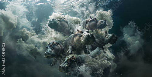 Hippopotamus Underwater Ballet A playful group of hippos cavort underwater, their bulky bodies surprisingly graceful as they chase each other, showcasing the hidden agility of these land giants photo