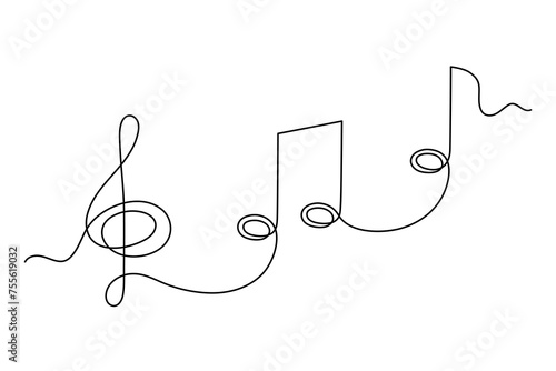 Treble clef and musical notes one line art, hand drawn continuous contour outline.Love music composition concept,minimalist template melody art design.Editable stroke.Isolated.Vector illustration
