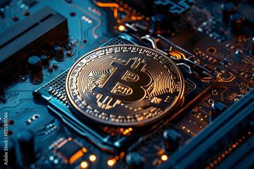 Golden Bitcoin on computer circuit board background. Cryptocurrency concept.Bitcoin on Circuit Board: A Fusion of Finance and Technology,Golden bitcoin on motherboard closeup.