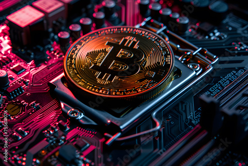 Golden Bitcoin on computer circuit board background. Cryptocurrency concept.Bitcoin on Circuit Board: A Fusion of Finance and Technology,Golden bitcoin on motherboard closeup.